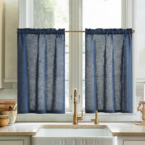 Vangao Tende Cucina in Misto Lino Blu Tenda corta camera da letto Finestra Moderne 65 x 115 cm 2 pezzi con passante Bistrot Soggiorno Casa Country bistrot stile rustico Semitrasparenti