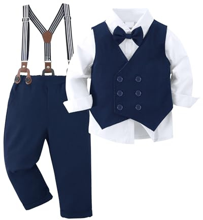 Amissz Garçon Gentleman Vêtements Ensembles 9-10 Ans, Enfant Mariage Baptême Tenue Costume Haut Chemise+Gilet+Pantalon+Nœud Papillon, Bleu
