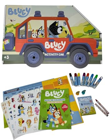 Cefa Toys- Set papelería Activity car la familia Heeler, Bluey, 8 Mini Rotuladores,8 Pinturas de colores, 2 Sellos, Stickers,Poster, 20 páginas para Colorear, Ruedas movibles. Apto a partir 3 años.