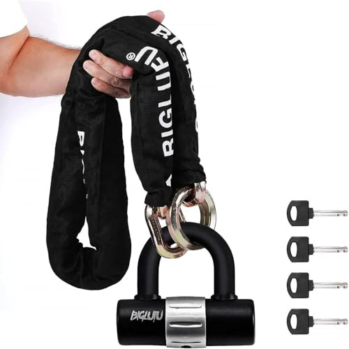 BIGLUFU Candado para bicicleta con 4 llaves, alta seguridad, 150 cm de largo, cadena de 15 mm de grosor, con candado en U, para bicicleta, moto, scooter