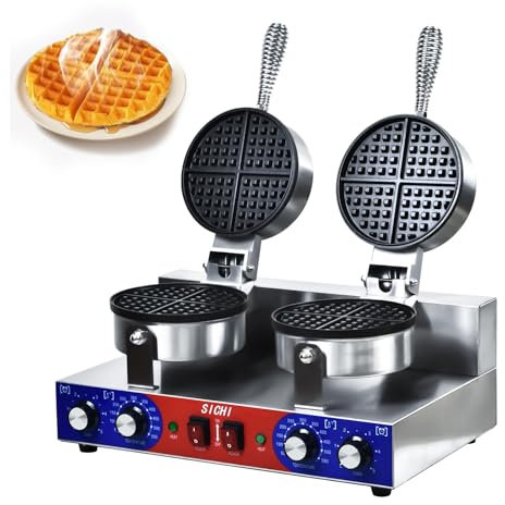 HTTSICHI Waffle Maker - Commercial Waffle Iron w/Two Non-stick 7 in Baking Pans, 550 ℉ Temperature and Timers, 2400W Dual Waffle Machine for Double Baking, Stainless Steel Waffle Maker for Restaurant