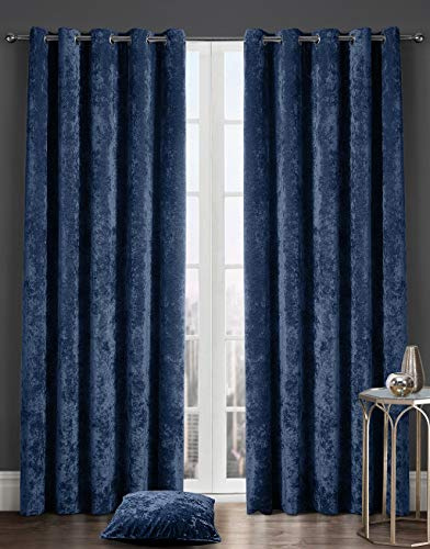 LIZZIE JACOBS Crushed Velvet Luxury Curtains Eyelet Top Fully Lined Thick Curtain Pairs Living Room Bed Room Kitchen Office Ring Top Curtains (Navy, 46 wide x 54 drop)