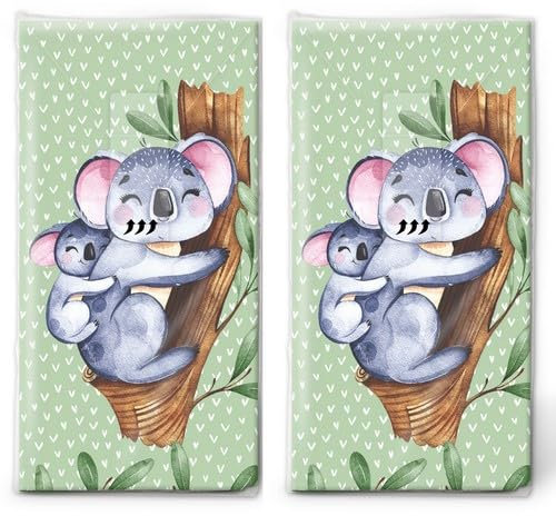 20 einzelne Taschentücher Tiermotive Familie Koala. 2 Packungen mit 10 einzelnen Papiertaschentücher bedruckt als Geschenk.