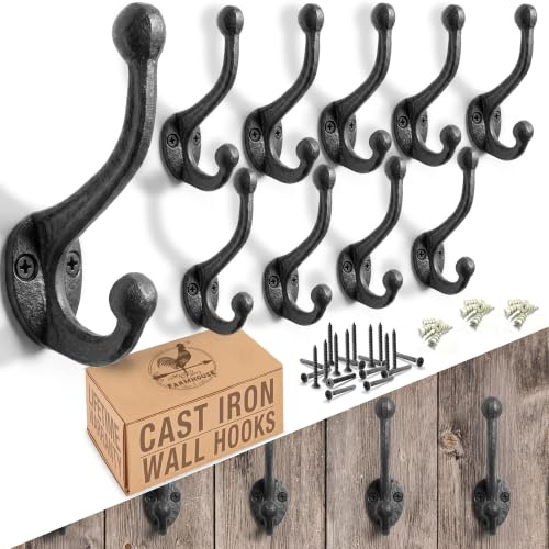 My Fancy Farmhouse Rustic Cast Iron Coat Hooks (10 Pack) Wall Mounted Farmhouse Decorative Wall Hooks, Vintage Hooks for Hanging Coats, Bags, Hats, Towels (Antique Black)