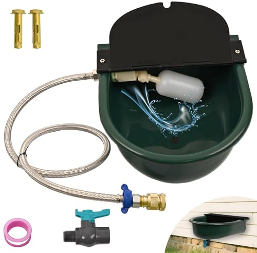 Boajf Automatic Dog Water Dispenser with Drain Valve, 1 Gallon Outdoor Auto Water Dog Bowl with Float Valve, Automatic Chicken Waterer with Hose Quick Connector, for Horse, Poultry (Green)