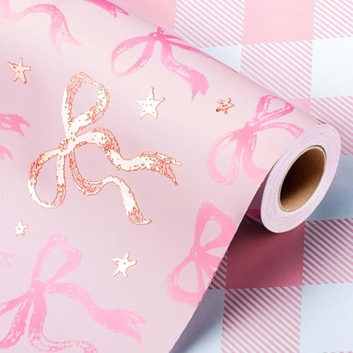 Wikadlik Süßes Geschenkpapier, rosa Schleife und kariertes Design, wendbare Geschenkpapierrolle für Valentinstag, Muttertag, Hochzeit, Mädchen-Geburtstage, Weihnachten - 43 cm x 10 m