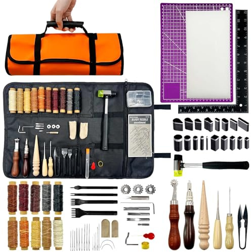 Daily Treasures 73pcs Leather Craft Kit with Portable Handbag, Leather Tool Kit with 18 Punch Tool,Tracing Wheel,7 in 1 Groover,Awl,Waxed Thread,Needles,Leather Tools for DIY Polishing Sewing Cutting