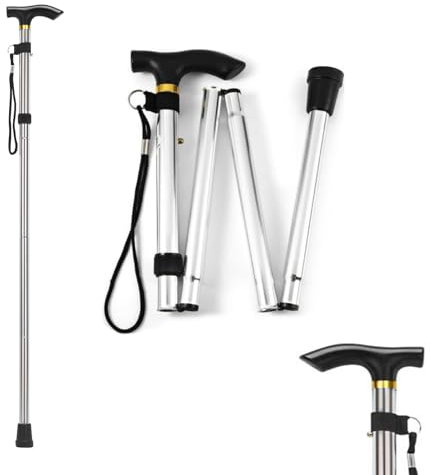 Bastone Pieghevole, Passeggio Regolabile in Alluminio, Bastone da Passeggio Leggero, Impugnatura Ergonomica, Bastone da Viaggio Regolabile in Altezza su 5 Livelli per Anziani e Disabili (Argentato)