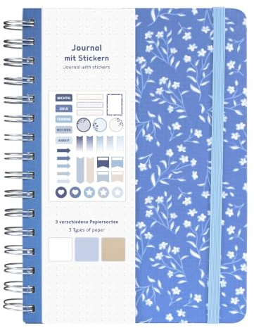 Idena 11366 - Cuaderno A5 con 66 pegatinas, azul, diario con 78 páginas, 120 g/m², 3 tipos de papel diferentes, punteado, con bolsillo interior y goma elástica, FSC Mix