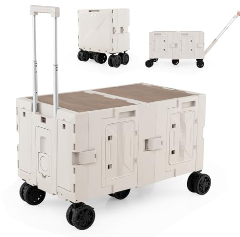 COSTWAY Grand Chariot de Plage Pliable avec Caisses de Rangement à 2 Niveaux, Chariot Portable avec 5 Roues Pivotantes Poignée Télescopique en Métal, pour Courses Camping Déménagement (Blanc)