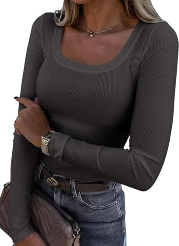 Cozyan Maglia Donna con Scollo Quadrato Elegante Maglietta a Maniche Lunghe Slim Fit Maglietta a Maniche Lunghe da Donna Maglia Girocollo Aderente Basic Top Costine Slim Fit Elegante T-Shirt