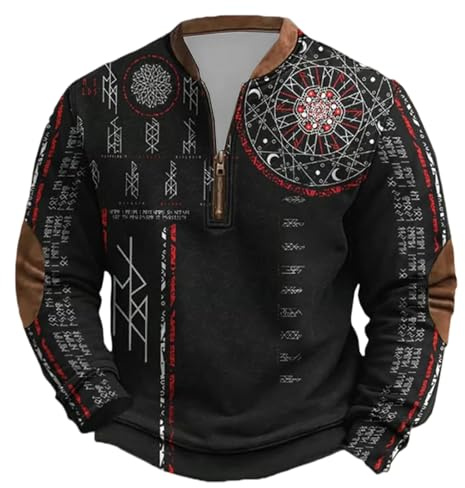 Generisch, felpa da uomo stampata nordica vichinga, moda Harajuku, casual, pullover con cappuccio, streetwear, felpa sportiva, con cerniera a un quarto, calda, maglione sportivo, fitness, funzionale