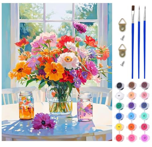 AIRDEA Fleurs colorées Peinture Numero Adulte, DIY Kit Activité Manuelle Peinture Acrylique, Pots Mason Peinture par Numero Adulte avec Pinceaux et Acryliques 40x50 cm (Pas de Cadre)
