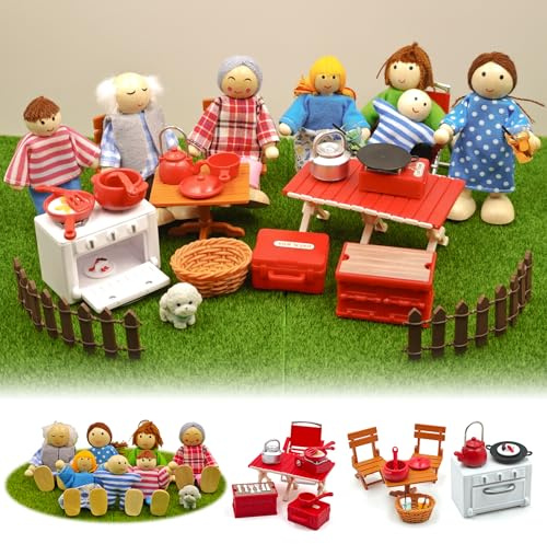 BBEUU Puppenhaus Puppen, 40 Stück Puppenhaus Figuren Familie, Mit Holz Biegepuppen, Hund, Rasen, Stuhl, Esstisch, Backofen Usw, Für Puppen Puppenhaus Zubehör Geschenk