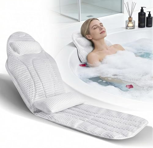 Bath Pillow Full Body, 55,9x18,9 5D Air Mesh Comfort Bath Cushion with Removable Lumbar Pillow and Powerful Suction Cups Quick Dry Bathtub Accessories for Head Neck Back Legs Support