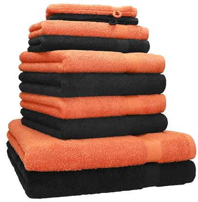 Betz 10-TLG. Handtuch-Set Premium 100% Baumwolle 2 Duschtücher 4 Handtücher 2 Gästetücher 2 Waschhandschuhe Farbe Orange & Schwarz