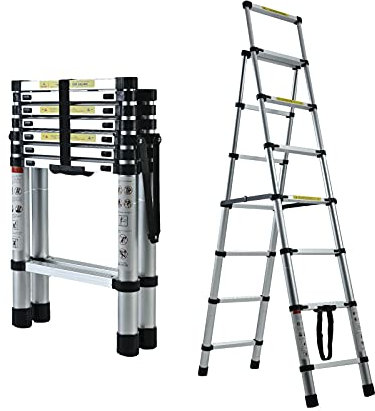 2M+2.3M Multi-Purpose Aluminum Telescopic Extension Ladder - 6+7 Steps Herringbone Ladder for DIY Painting/Housework/Office
