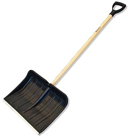 Schneeschaufel mit Kunststoffkopf auf Holzstiel mit D-förmigem Kunststoffgriff Schneeschieber mit Stahlschutzkante 127 cm Schwarz