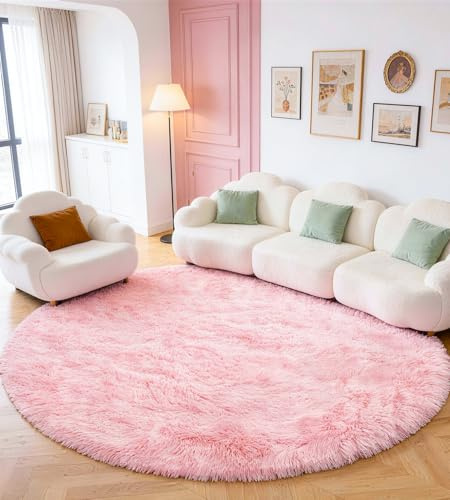 ROHATIM Tapis pour chambre d'enfant, rond, 120 cm, rose, lavable, antidérapant, moelleux, pour salon, chambre à coucher