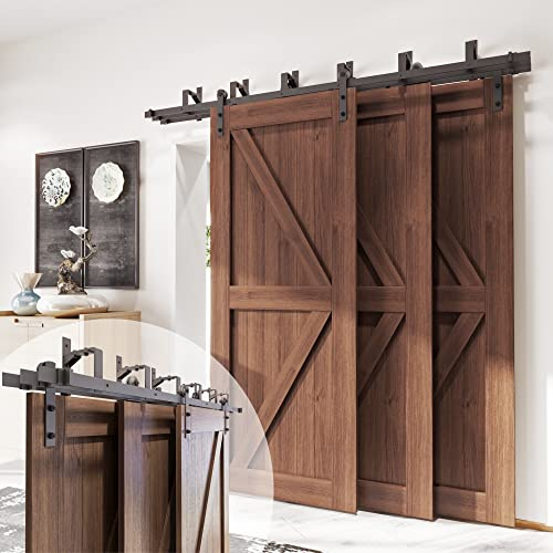Homacer Black Rustic Triple Track Bypass Sliding Barn Door Hardware Kit (for Door Thickness 1-3/8in ~ 1-3/4in), Three 10ft Long Flat Tracks, for Three Interior Doors (Doors not Included）