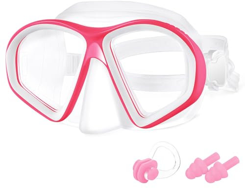 Flintronic Taucherbrille Kinder, Anti-Leck Schnorchelmaske, Antibeschlag-Taucherbrille mit Ohrstöpseln & Nasenclip, Anti-UV-Schwimmbrille für Kinder im Alter von 4-12, (1er Pack-Rosarot)