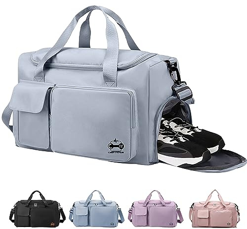 CarryFitness® Sports Gym Bag Duffle Bag with Shoes Compartment, Waterproof Weekend Bags for Women and Men, Hand Luggage Bag, Lightweight Holdall Hospital Overnight Bag - Gray 37L