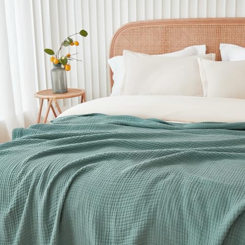 EMME Manta de Muselina de algodón tamaño King, Manta Suave y Transpirable, 274 x 228 cm, Gasa para Todas Las Estaciones, Color Verde Azulado