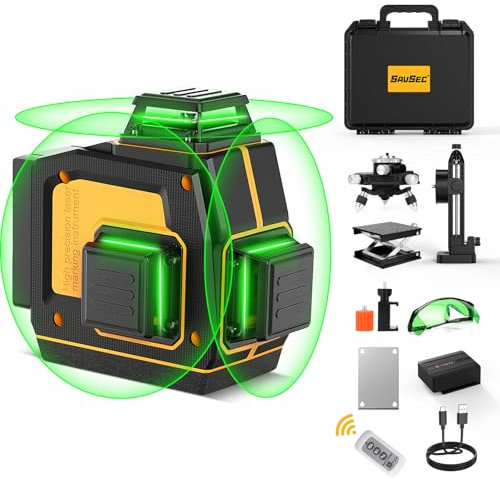 Kreuzlinienlaser Grün 12 Linien, SAVSEC 3x 360° Selbstnivellierend Laser Wasserwaage bis zu 37 Stunden, Fernbedienung Helligkeitstellbar Linienlaser Kreuzlaser Baulaser für Innenbaustellen