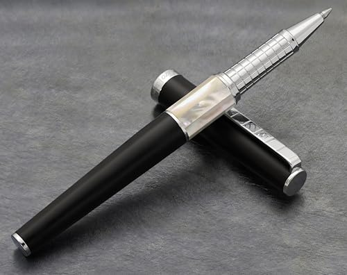 Xezo Speed Master Fine Stylo Roller à Encre Fine. Noir Mat avec Nacre Blanche. Plaqué Chrome. Corps en Laiton Léger. Chacun Unique