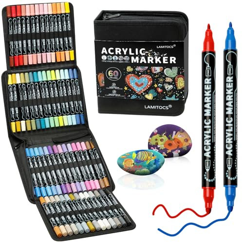 Lamitocs Acrylstifte für Steine Wasserfest, 60 PCS Dual Tip Acrylmarker Multimarker, Acrylfarben Stifte für Rock Painting Glas Kiesel Stein Keramik