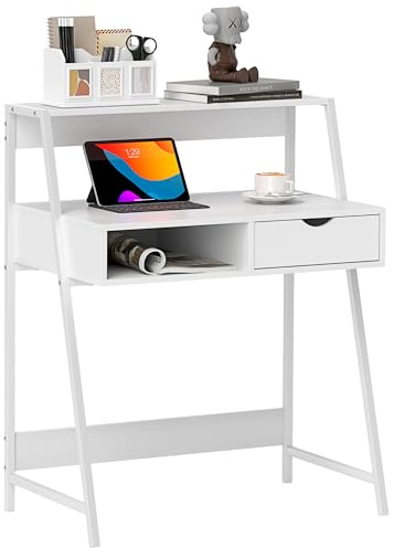 HOMCOM Schreibtisch Sekretär Computerbüro Neo-Retro-Stil Schublade Nische Regal Metall Weiß