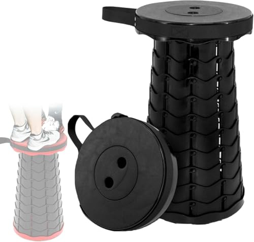 Camping Klapphocker, Tragbarer Teleskophocker, Tragfähigkeit 150kg Einziehbar Faltbar Robuster Leichter, Verstellbarer Zusammenklappbarer Kunststoff-tritthocker Für Camp, Black, Small