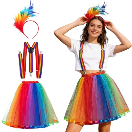 NAVESO Tutu Multicolore Femme, Tutu Arc-En-Ciel Femme DéGuisement avec Serre-Tête, Bretelles,Arc-En-Ciel Deguisement pour Carnaval, Halloween, Mardi Gras, Soirée à Thème