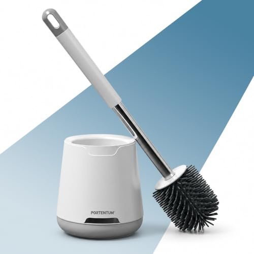 PORTENTUM Escobilla baño Silicona con escobillero antigoteo y Menos olores – Escobilla WC con Cabezal Curvo y Mango metálico – Diseño Compacto para Inodoro – Accesorios baño