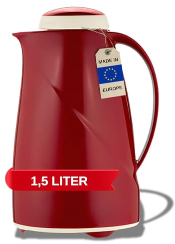 Helios Wave Thermoskanne Dunkelrot 1,5L - 6h Heiß - Hält Getränke heiß & kalt Spülmaschinenfest – Leichter, robuster Kunststoffmantel – Ideal für Kaffee & Tee, Rot