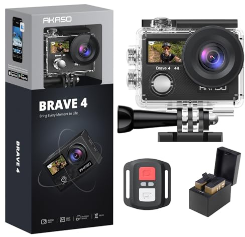 AKASO Brave 4 Action Camera 4K 30fps Ultra Hd Video 20MP Photo, EIS, WiFi Remote Control, 2X Batteries, Waterproof Underwater Camera for Snorkel, Travel, Motorcycle, Bicycle, Helmet Accessories Kit
