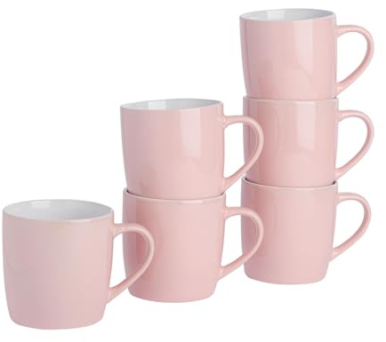 Argon Tableware Coloured Coffee Mugs - Pink - 350ml - Pack of 6 - Gloss Stoneware Latte Cappuccino Cups Hot Chocolate Cups Colourful Mug Set with Handle