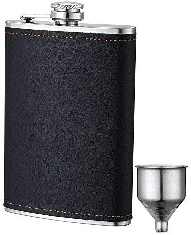 Flasque pour alcool et entonnoir, 226,8 g en acier inoxydable avec couvercle en cuir noir pour boire de l'alcool, du whisky, cadeau pour homme