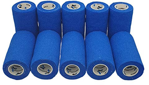 PintoMed Selbstklebender Verband Gedehnt -10 x Blau - 10cm x 4,5m Bandagen Rollen Haftbandage Fixierbinde Selbsthaftend Health Pflaster Sport Tape Stück für Handgelenk Bein Arm Vet Wrap