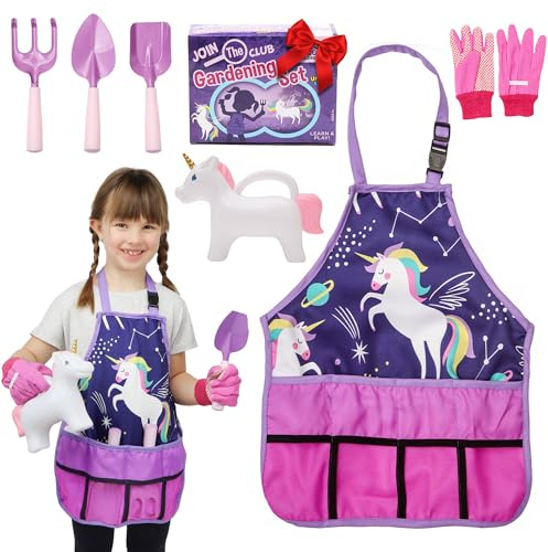 Cheerful Children Toys Kids Gardening Set – Gardening Tools for Kids with Watering Can, Shovels, Rake, Gloves & Apron – Planting Outdoor Activity for Ages 3-7, Unicorn Themed Gardening Set for Girls