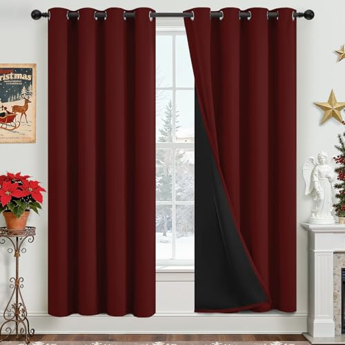 Yakamok 100% Blackout Curtains for Bedroom 2 Panels - Completely Blackout Window Drapes Thermal Insulate Window Panels with Black Backing for Living Room, Grommet Top (52 by 72 inches, Burgundy Red)