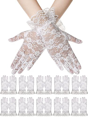 Foaincore 16 Pairs Women Lace Gloves Wedding Tea Party Elegant Short Novelty Floral Bridal Gloves for Wedding Opera Party(White)