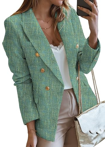 Happy Sailed Womens Tweed Blazer Jackets Fashion Double Breasted Lapel Collar Business Blazers with Pockets Long Sleeve Open Front Office Professional Blazer Work Suits 2026 Green Medium