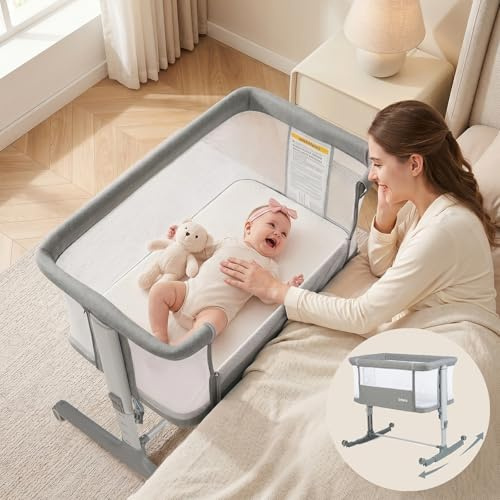 INFANS 3 in 1 Next to Me Crib, Baby Crib with Rocking Mode, Mattress, 10° Incline, Adjustable Height, Travel Bag, Lockable Wheels, Baby Bassinet to Cradle for Newborn (Light Grey)