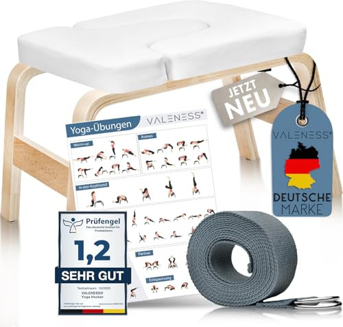 VALENESS® Yoga Kopfstandhocker - Hochwertiger Yoga Hocker inkl. Yogagurt, Yogablock & Übungsposter - Yoga Stuhl zur Handstand-Übung aus massivem Naturholz - Yoga Ausrüstung für Zuhause… (weiß)