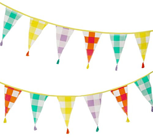 Talking Tables Banderines de tela a cuadros con borlas, 3 m, guirnalda de banderines de bandera triangular, 100% algodón orgánico, decoraciones de fiesta coloridas, decoración de dormitorio de niños,