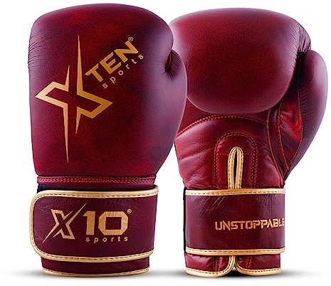 XTEN Boxing Gloves Perfect for Sparring to boost boxing training on Boxing bag Pro gym gloves Cow Hide Leather ventilated boxing gloves women men pair to punch on punch bag (12 OZ, Red & Gold)
