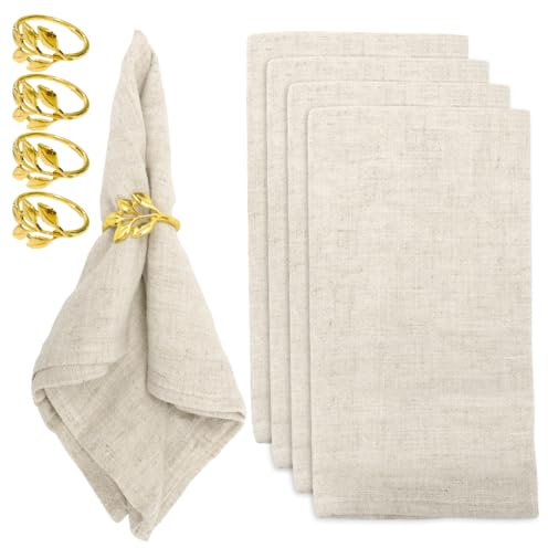 Umllpet Stoffservietten, Leinenservietten, 8er Pack (4 Baumwoll Servietten + 4 Serviettenringe), Servietten und Serviettenringe Set für täglichen Gebrauch/Zuhause/Party/Hochzeiten 40 x 40cm (Beige)