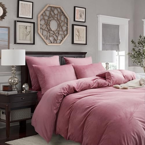 Gezu Sängkläder vinter varm plysch 200 x 200 cm rosa gammalrosa dubbelsidig påslakan kashmir flanell fleece touch fluffigt varmt tyg sammet påslakan set med dragkedja med örngott 80 x 80
