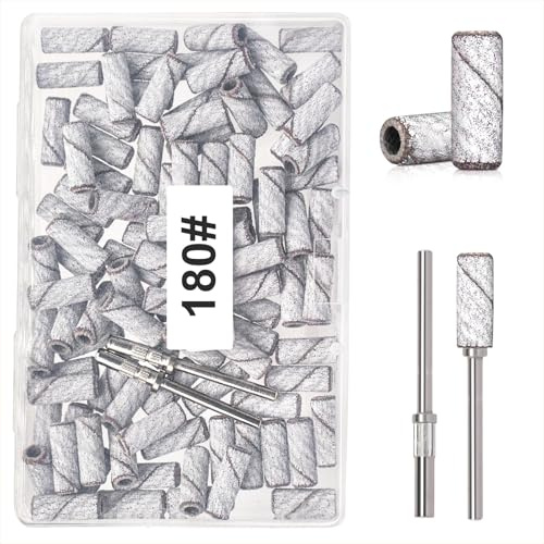 Small Sanding Bands for Nail Drill, 100pcs Mini Bands 180 Fine Grit Nail File Sanding Bands with Upgrade 2pcs 3/32'' Mandrels Bits, for Acrylic Nail Gel Removal, Plastic Polishing Manicure, White